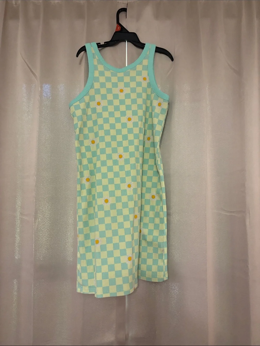 Old Navy Mint Green and Cream Checkerboard Tank Dress with Yellow Daisy Accents